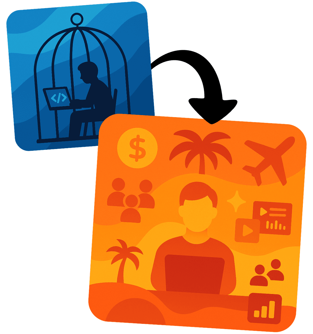 In the background is a depressed developer in a cage, working on his laptop. In the foreground is a successful developer building his own freedom-first future.